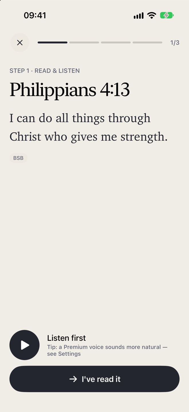 Step 1, Read and listen: Philippians 4:13 with a Listen first button.