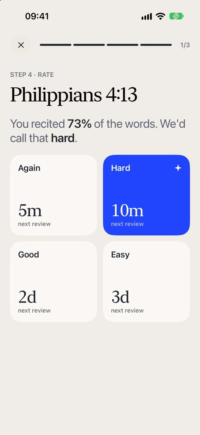 Step 4, Rate: Again in 5 minutes, Hard in 10 minutes, Good in 2 days, Easy in 3 days.
