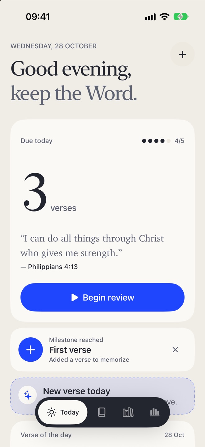 Scriptureflow's Today screen: 3 verses due today, Philippians 4:13 up next, and a blue Begin review button.
